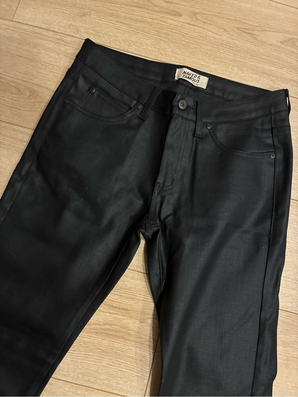 Naked & Famous Men’s Skinny Guy Jeans Black Waxed Stretch Size 32x33